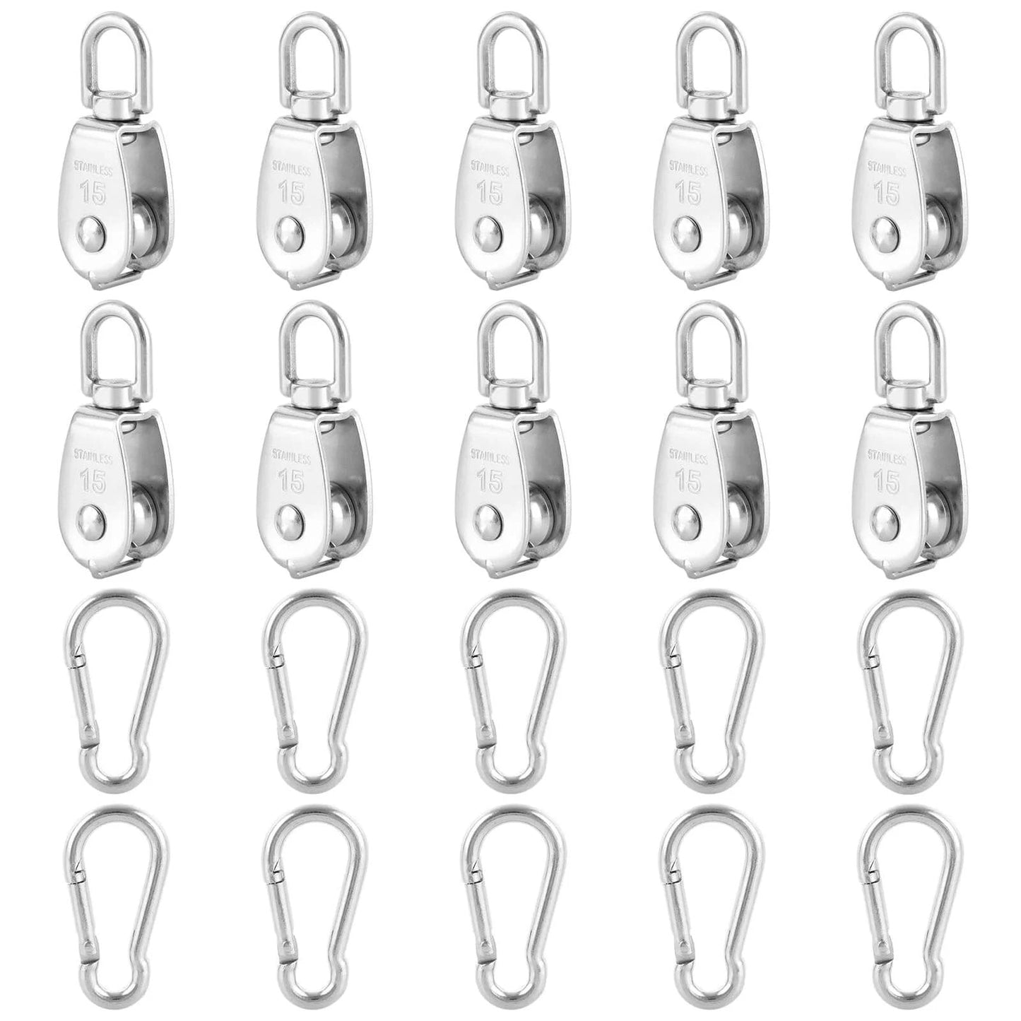 10Pcs M15 Single Pulley Block, 304 Stainless Steel Wire Rope Pulley, Lifting Pulley with 10 Spring Snap Hooks for Hanging and Lifting