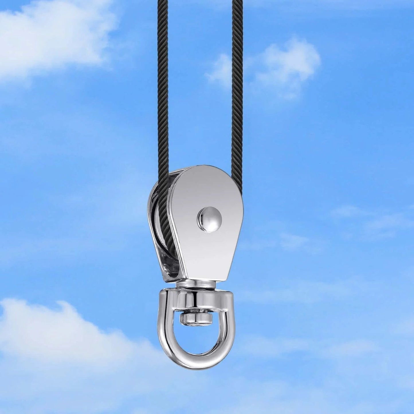 Pulley Block System Set showing M20 pulley wheel stainless steel against blue sky for lifting and hanging applications.