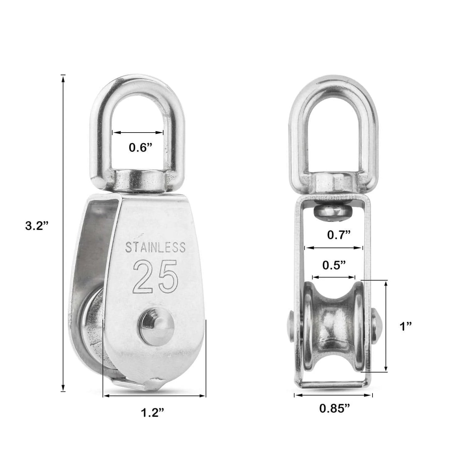 M25 Single Pulley Block, front and side view, 550lbs capacity, CBTONE 10 Pack 304 Stainless Steel Wire Rope Single Roller 25mm Lifting Crane Swivel Hook