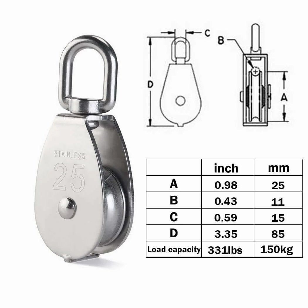 4Pcs M25 Stainless Steel Wire Rope Crane Double Pulley Block Lifting Crane Swivel Hook Single Pulley Block Hanging Wire Towing Wheel