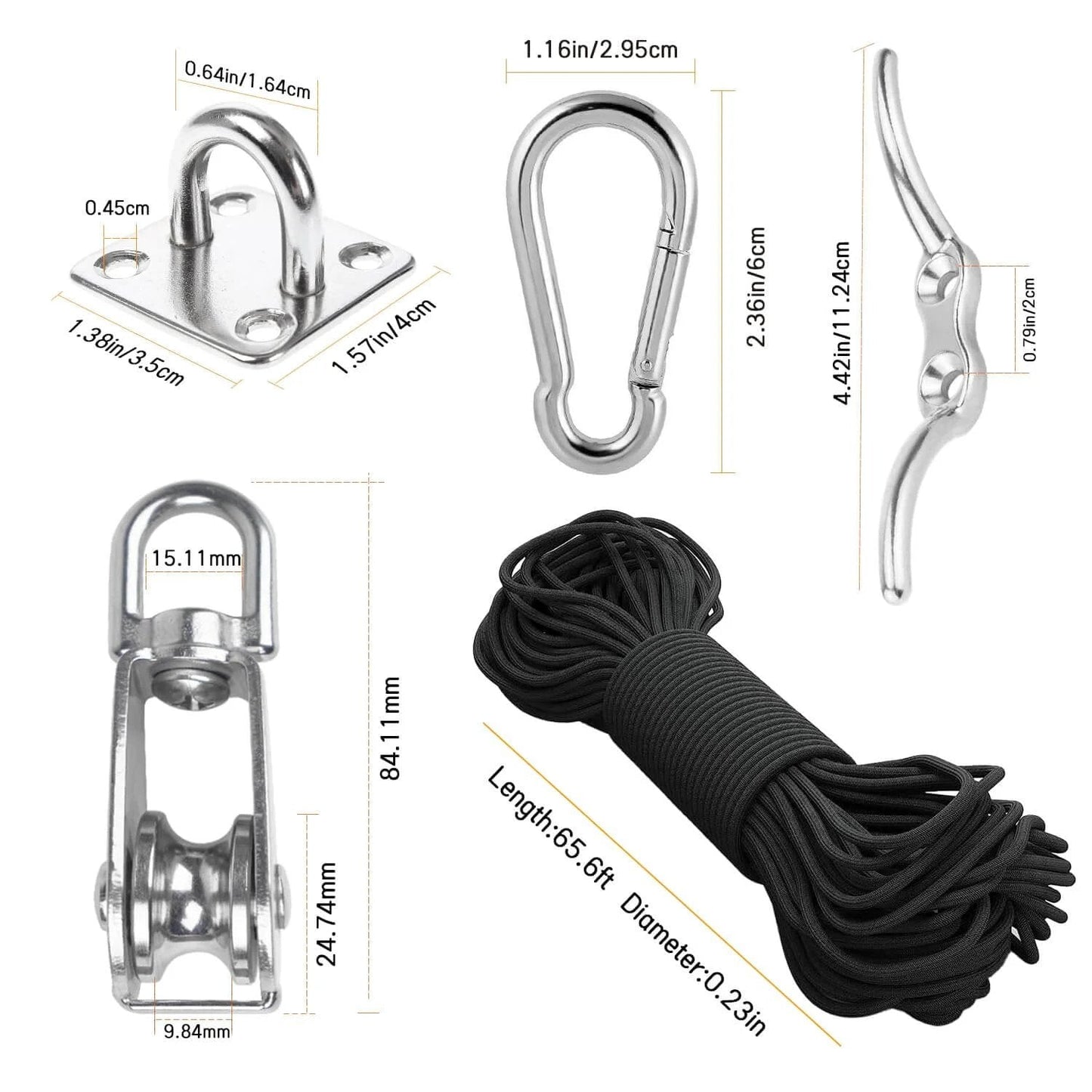 M25 Stainless Steel Pulley System Kit showing pulley wheel, nylon rope, hooks, eye pad plate, and rope cleat with measurements