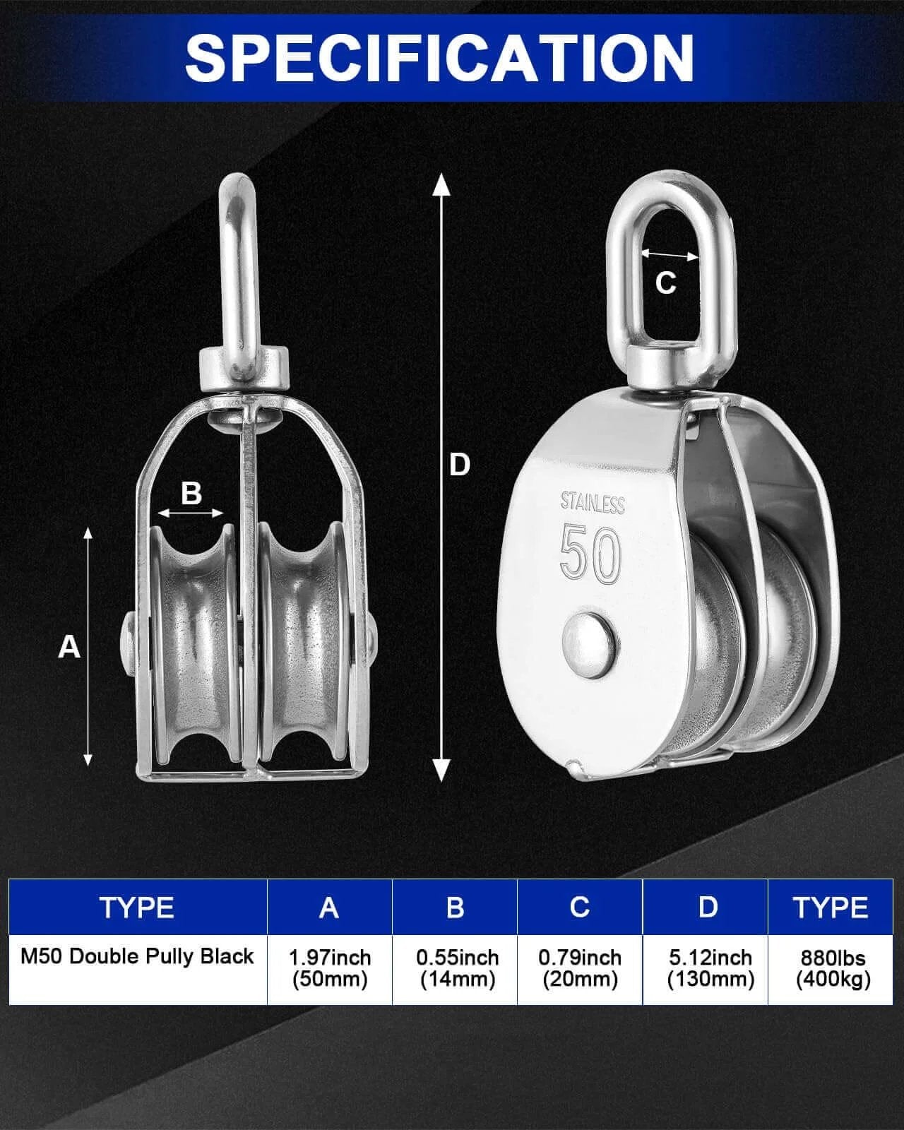 M50 Double Pulley Block Set - 304 Stainless Steel Pack of 2 with 50mm wheel diameter and swivel hook for efficient lifting operations.
