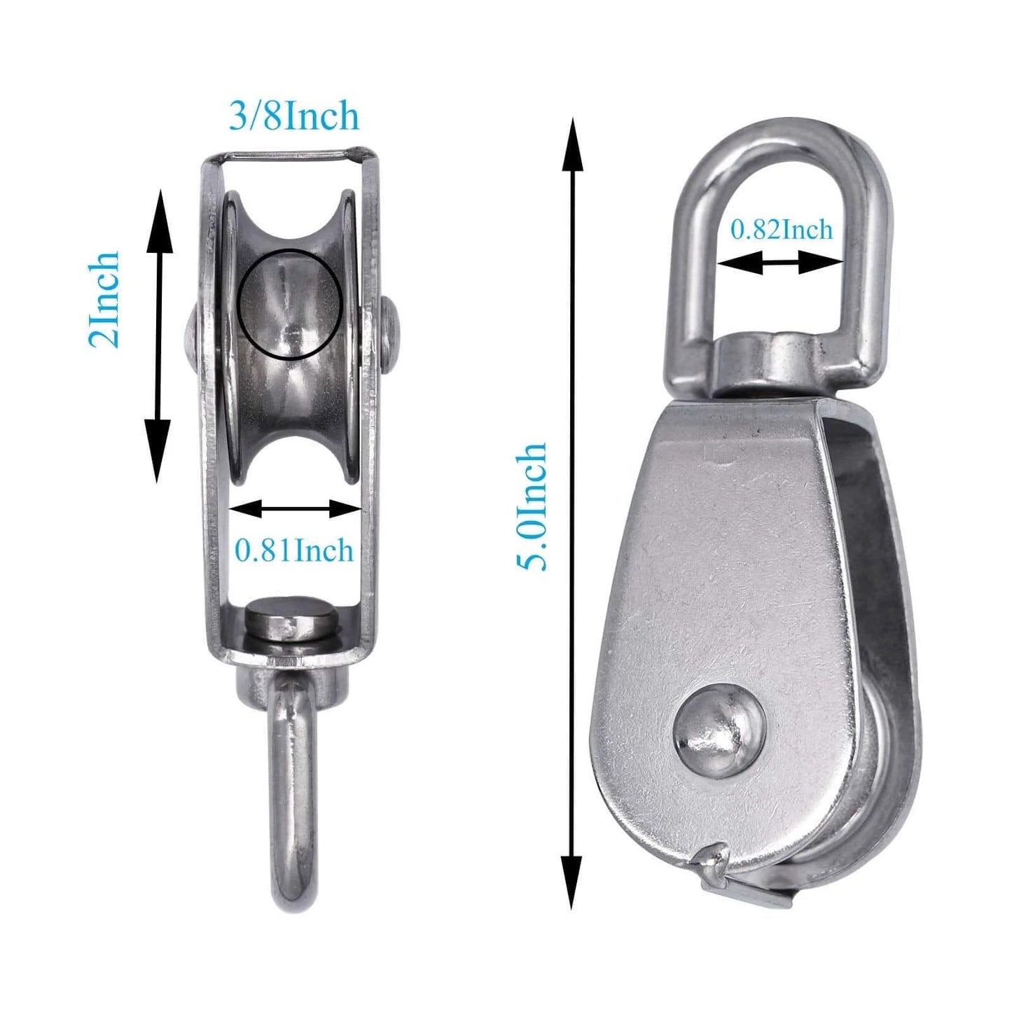 M50 Single Pulley Snatch Block 304 Stainless Steel Lifting Crane Swivel Hook, 3/8" Rope x 2" Sheave with size dimensions shown