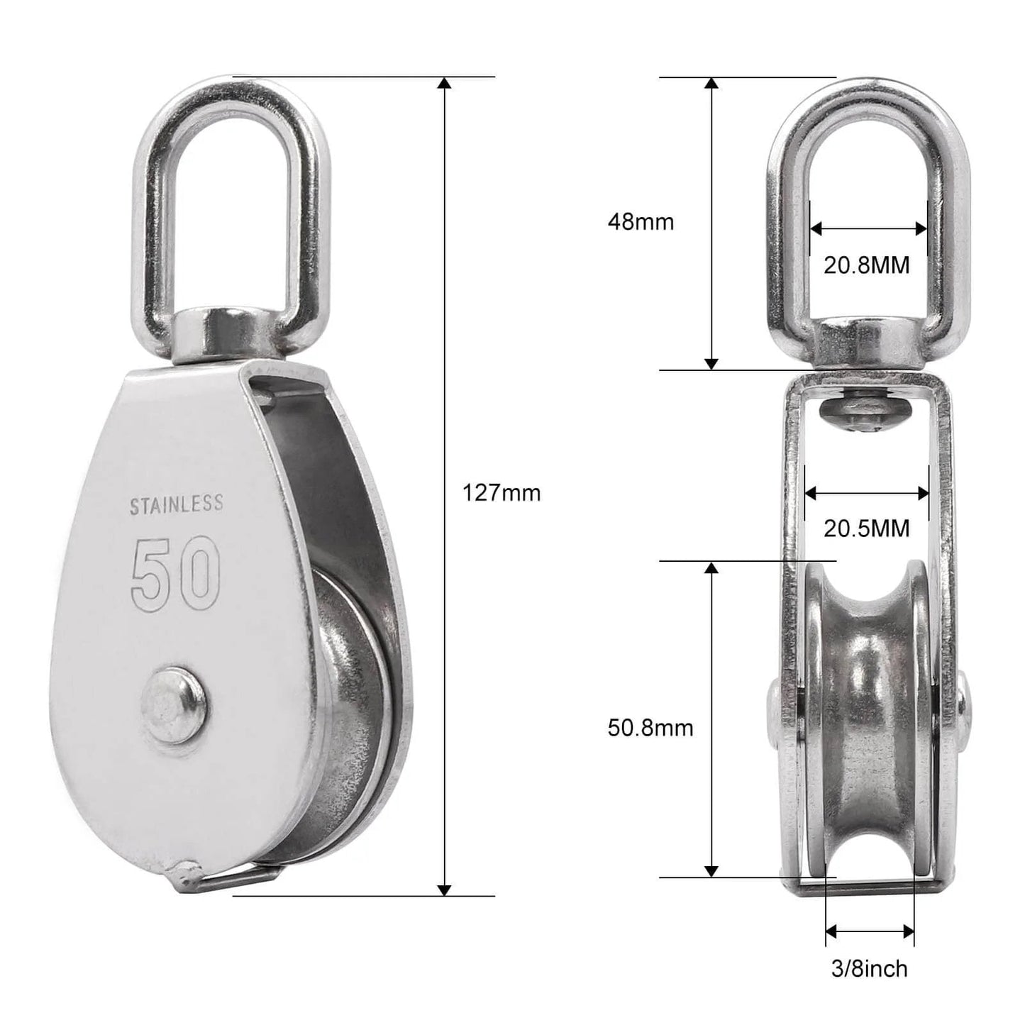 Dimensions of ✝️ M50 Single Pulley Snatch Block Lifting Crane Heavy Duty Swivel Hook 304 Stainless Steel with 3/8" Rope x 2" Sheave