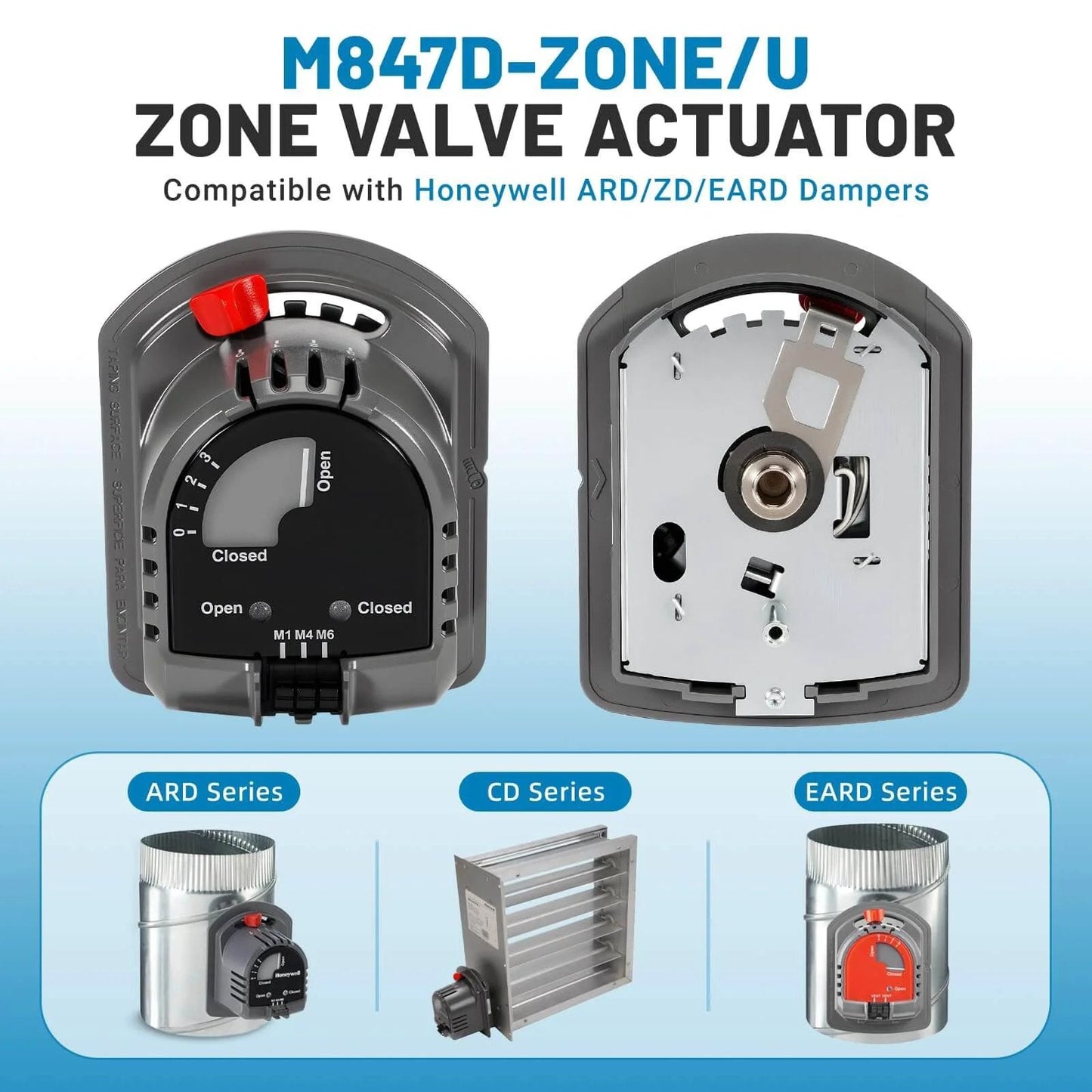 Front and back view of M847D Zone Valve Actuator, Replacement Motor for ARD & ZD Zone Dampers, featuring Honeywell compatibility.