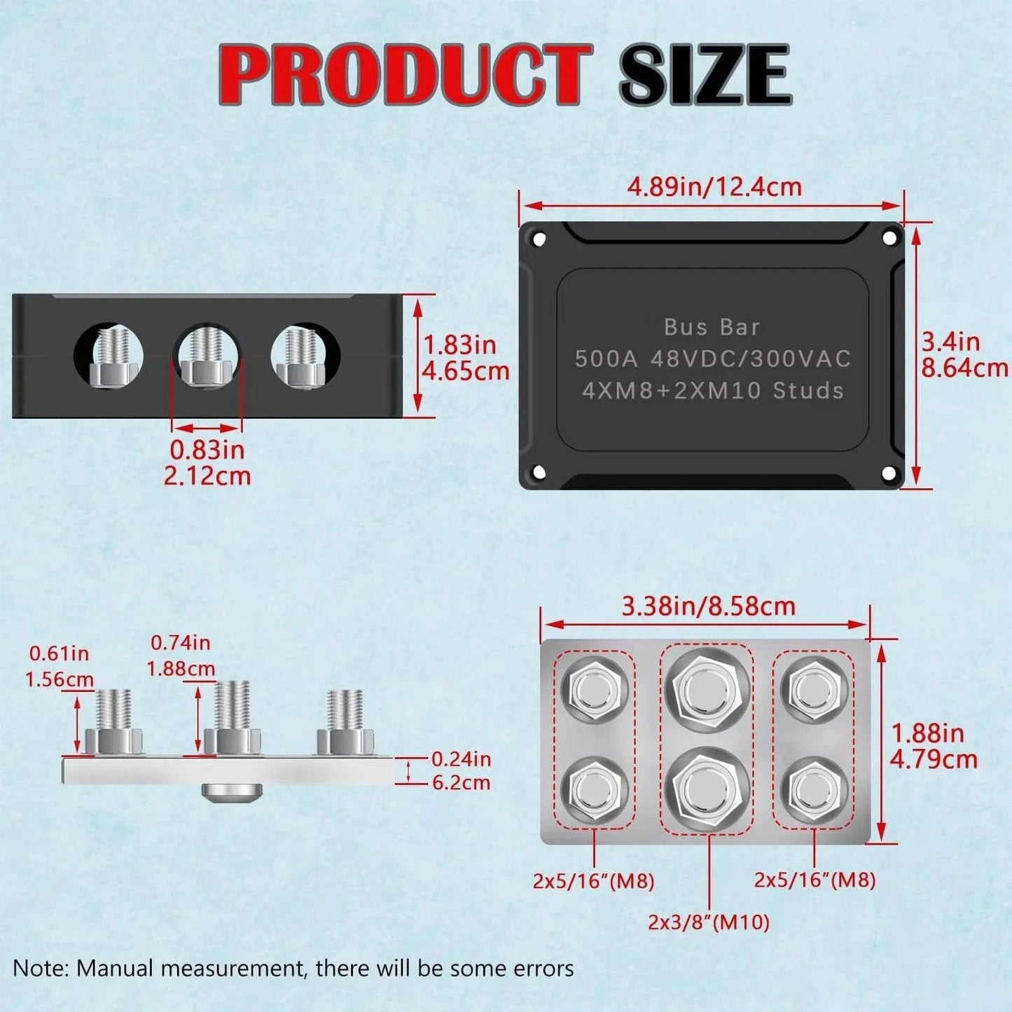 Technical dimensions of 500A Marine Battery Bus Bar with four M8 stud posts and two M10 stud posts in black and red for car, boat, solar.