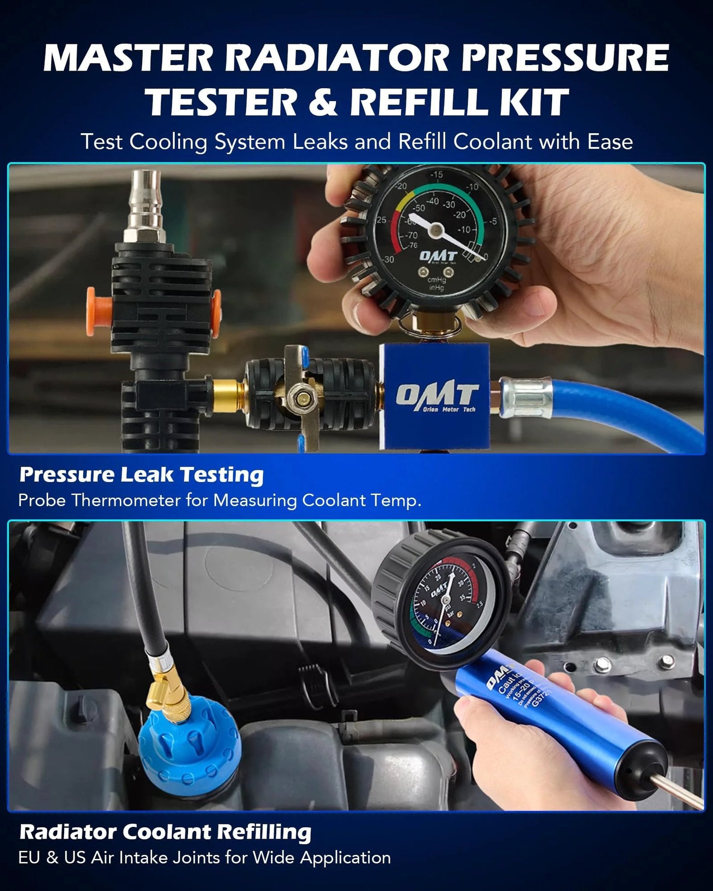 Pro Grade Coolant Pressure Tester Kit With Vacuum Pump And 23 Radiator Adapters, 31 Piece Master Set for Radiator Cooling System Pressure Testing and refilling, showcasing pressure testing tools and coolant refill setup.