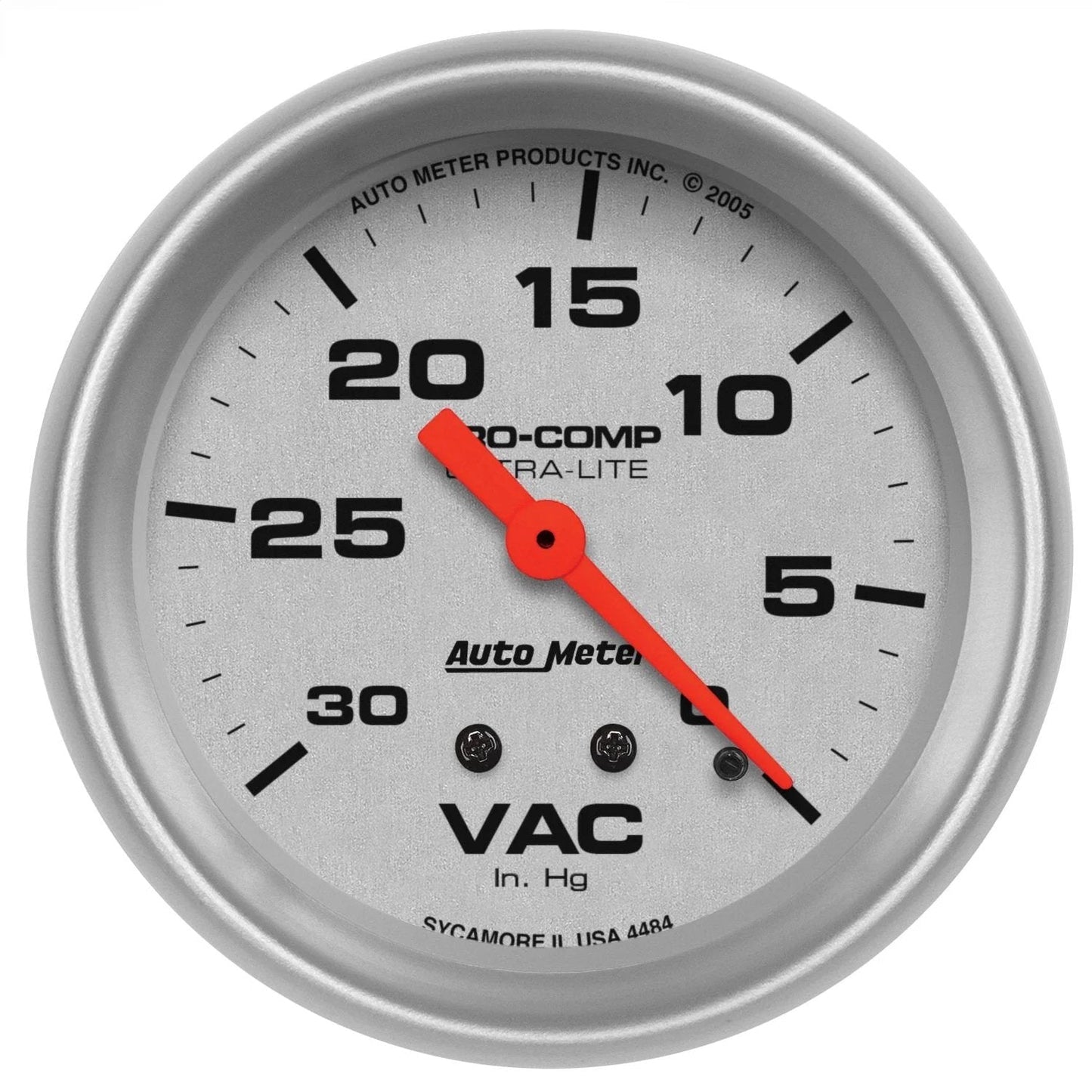 Ultra Lite Mechanical Vacuum Gauge 2.625 Inch, silver dial with orange needle, measuring vacuum for street and race cars.