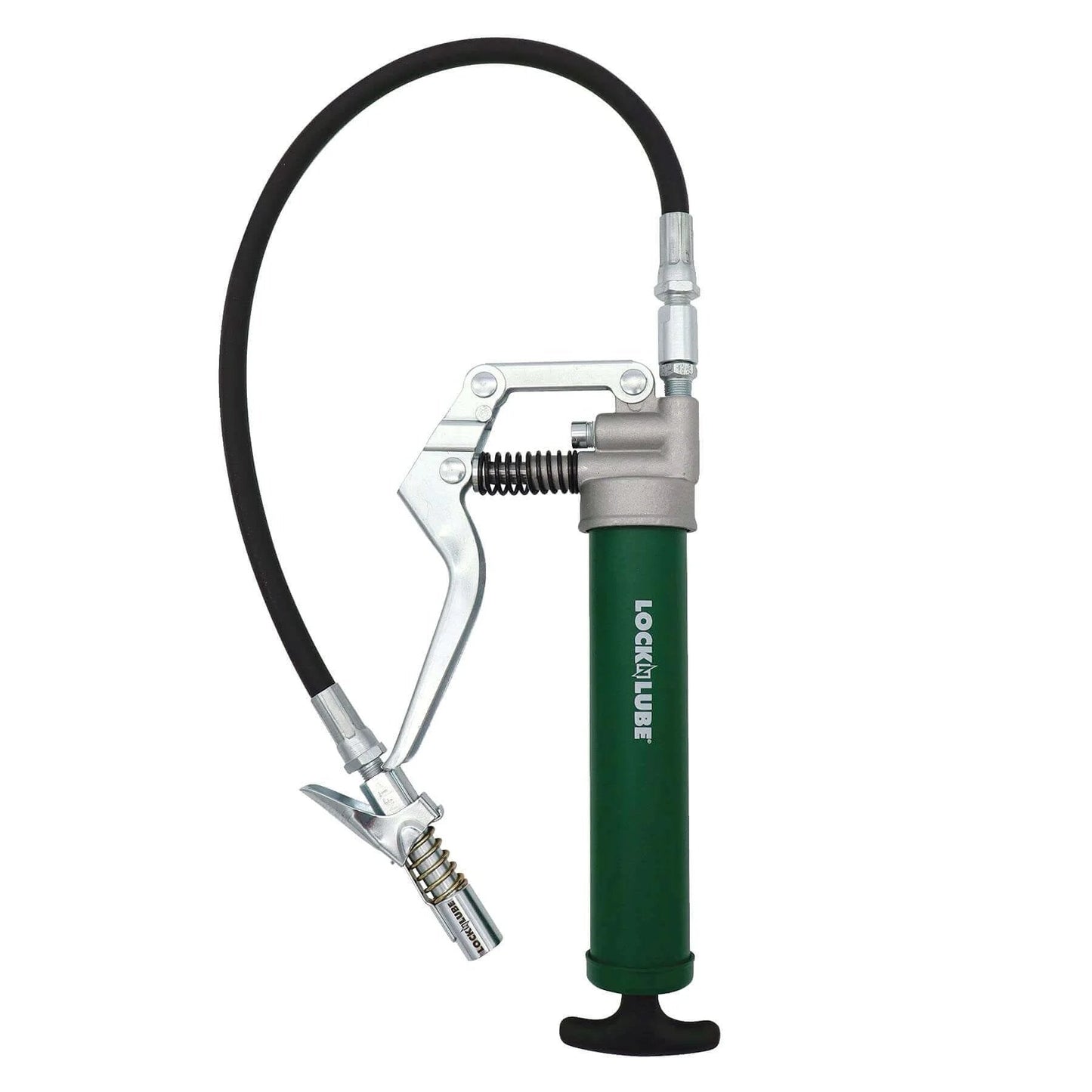 Image of a Mini Grease Gun Kit with patented coupler, 12-inch hose, and swivel, shown in a side view.