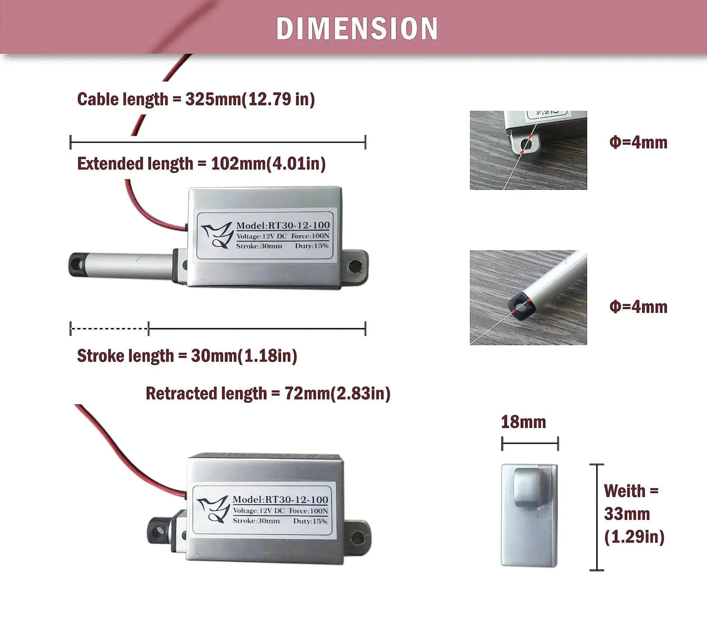 Dimensions of Mini Linear Actuator With 1.2 Inch Stroke And 22 Lb Thrust For Window Opener DIY Projects showing cable and stroke length.