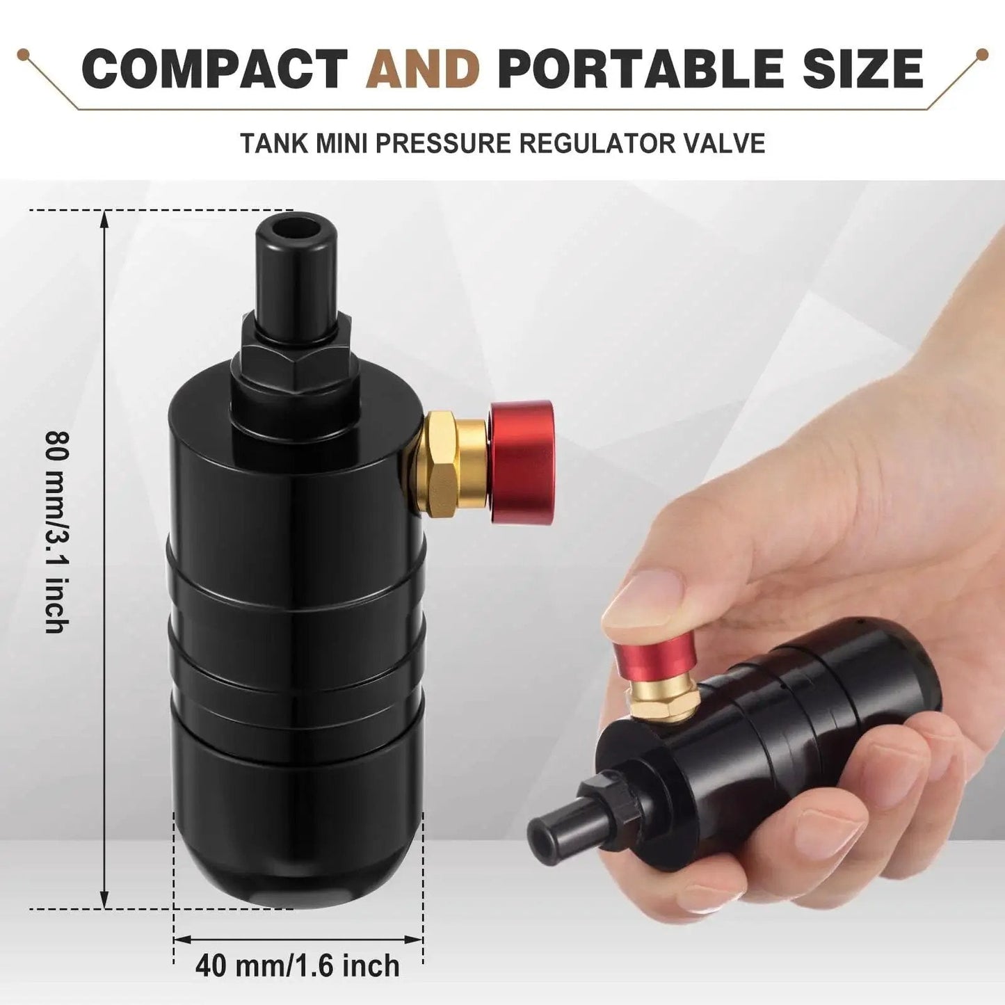 Compact Mini Pressure Regulator Valve with push button, portable metal air regulator for 640G, 2.2L, 3.3L, 4.4L tanks, 80x40mm size