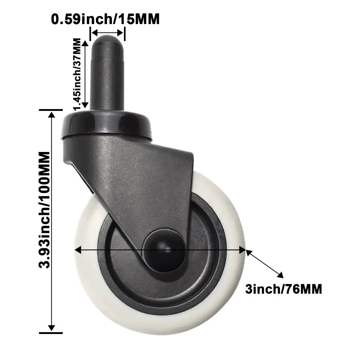4 Pack Mop Bucket Casters Replacement 3 Inch TPR Soft Rubber Swivel Stem Caster Universal Silent Wheels with dimensions