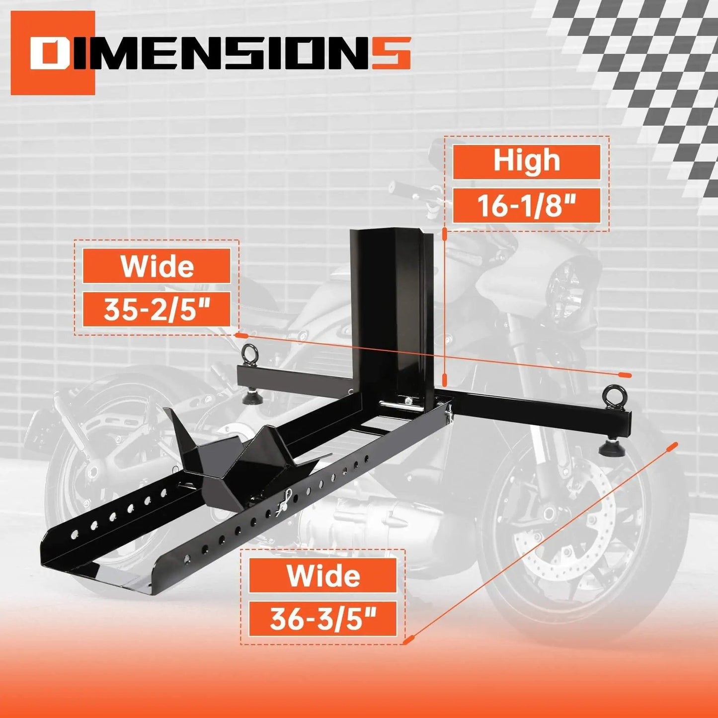 Dimensions of Heavy Duty Motorcycle Wheel Chock Stand With Beefed-Up 1800 Pound Capacity, Adjustable Front Tire Stand shown.