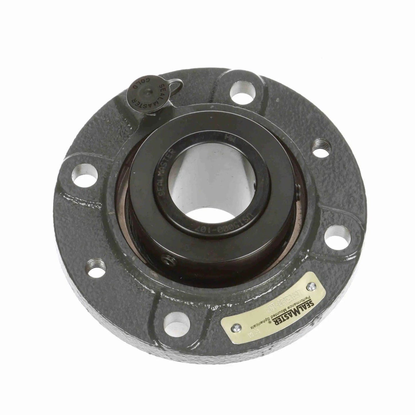 Mounted cast iron piloted flange spherical roller bearing from Sealmaster, showing top view with collar-mount lock and sealing features.