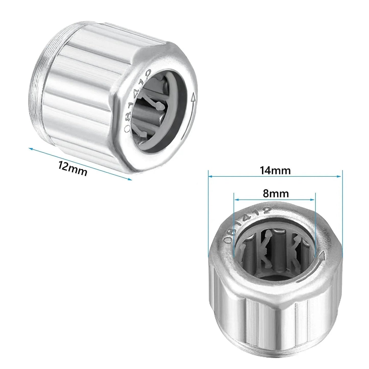Four Pack Needle Roller Bearings One Way Bearing 8mm Bore 14mm OD 12mm Width ST14 Steel showing dimensions