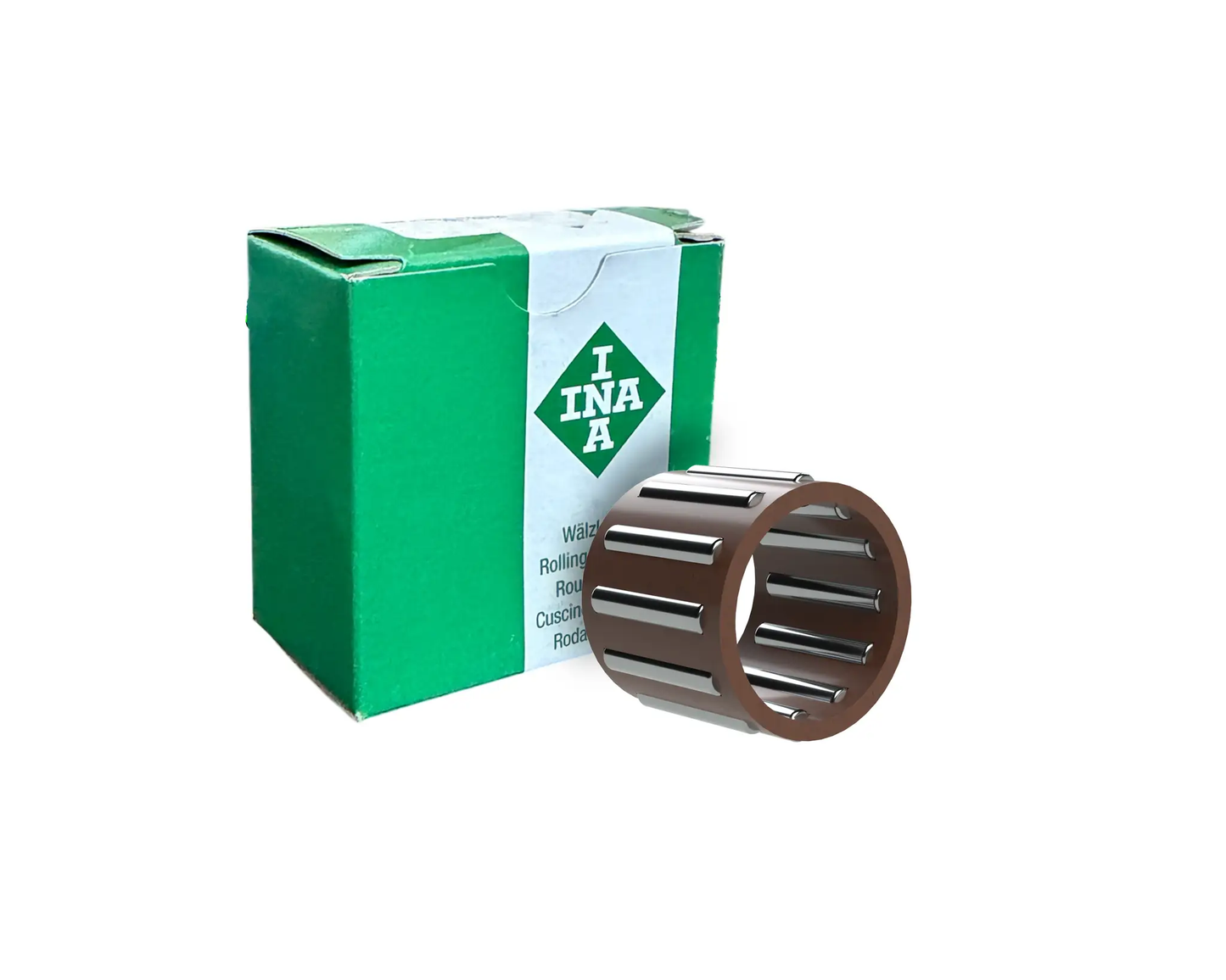 Efficient Needle Roller And Cage Assembly, 30x35x17 mm, with robust steel cage next to INA branded green box.
