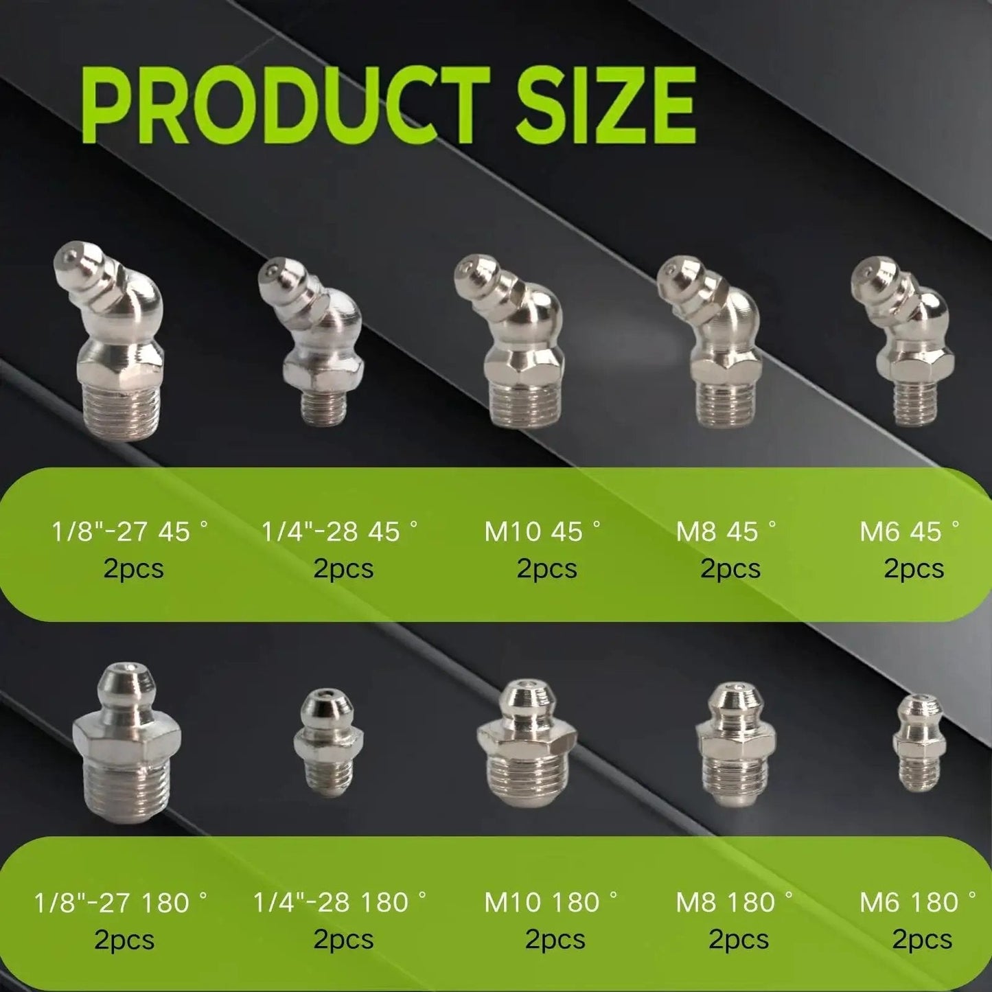 Nickel Plated Iron Grease Fittings Assortment Kit For Automotive And Industrial Use, showing product sizes and angles
