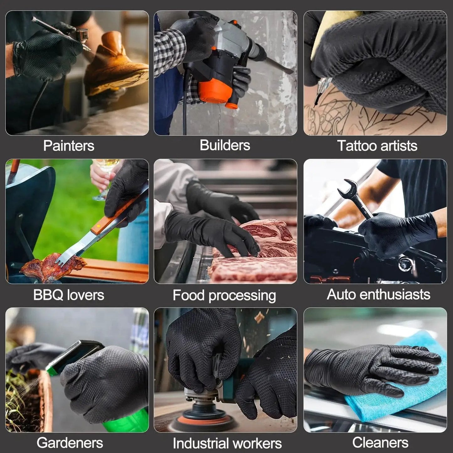 Heavy Duty Nitrile Gloves 10 Mil Black With Diamond Grip Chemical Resistant in various professional uses