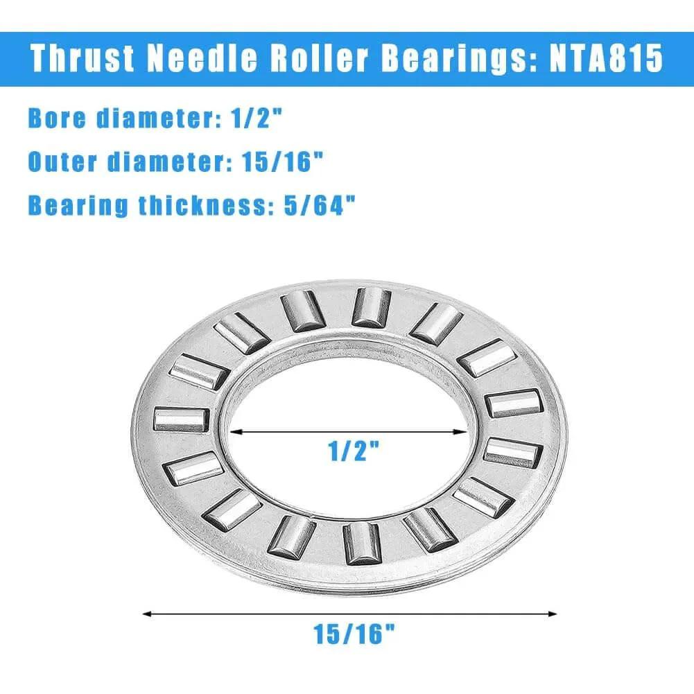 Thrust needle roller bearing NTA815 with dimensions ID 1/2" and OD 15/16", showing compact design for high-load support.