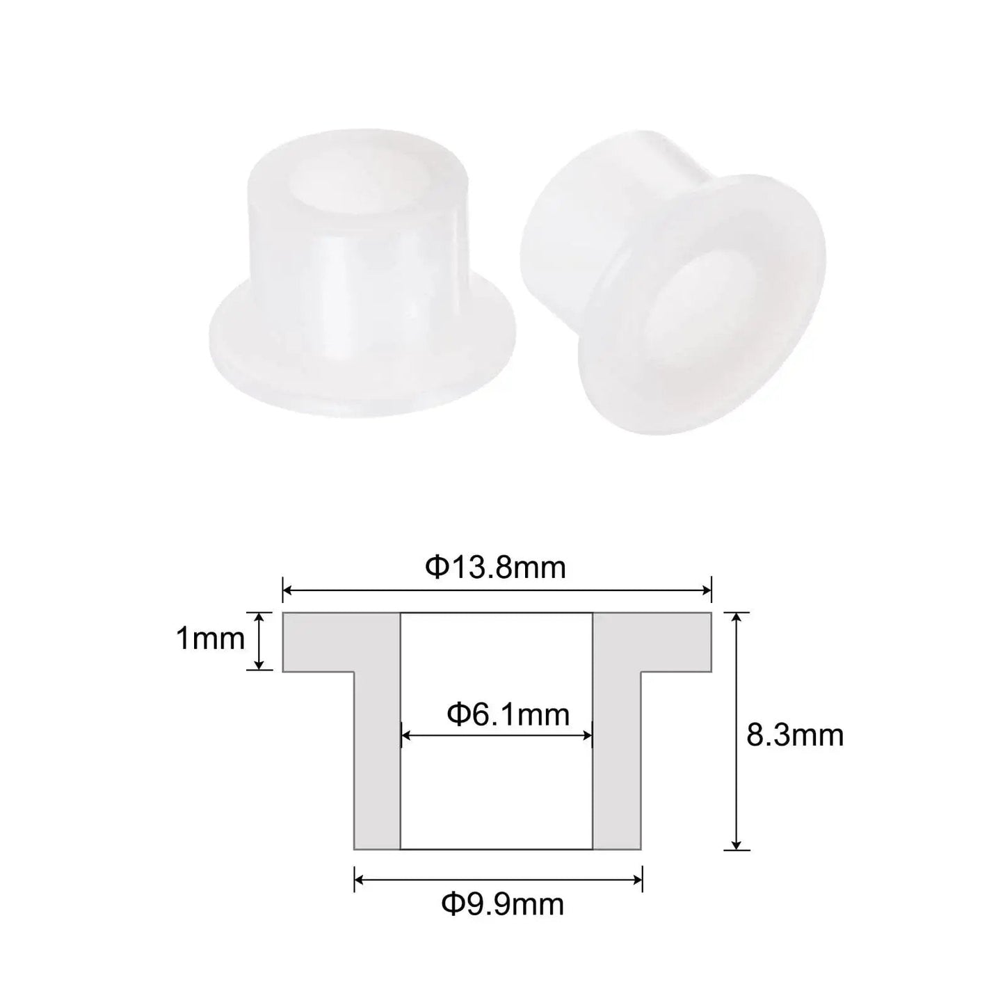 12 Pack Nylon Flanged Sleeve Bearings 6.1mm Bore By 9.9mm OD By 8.3mm Length White Self-Lubricating Bushings with dimensions shown