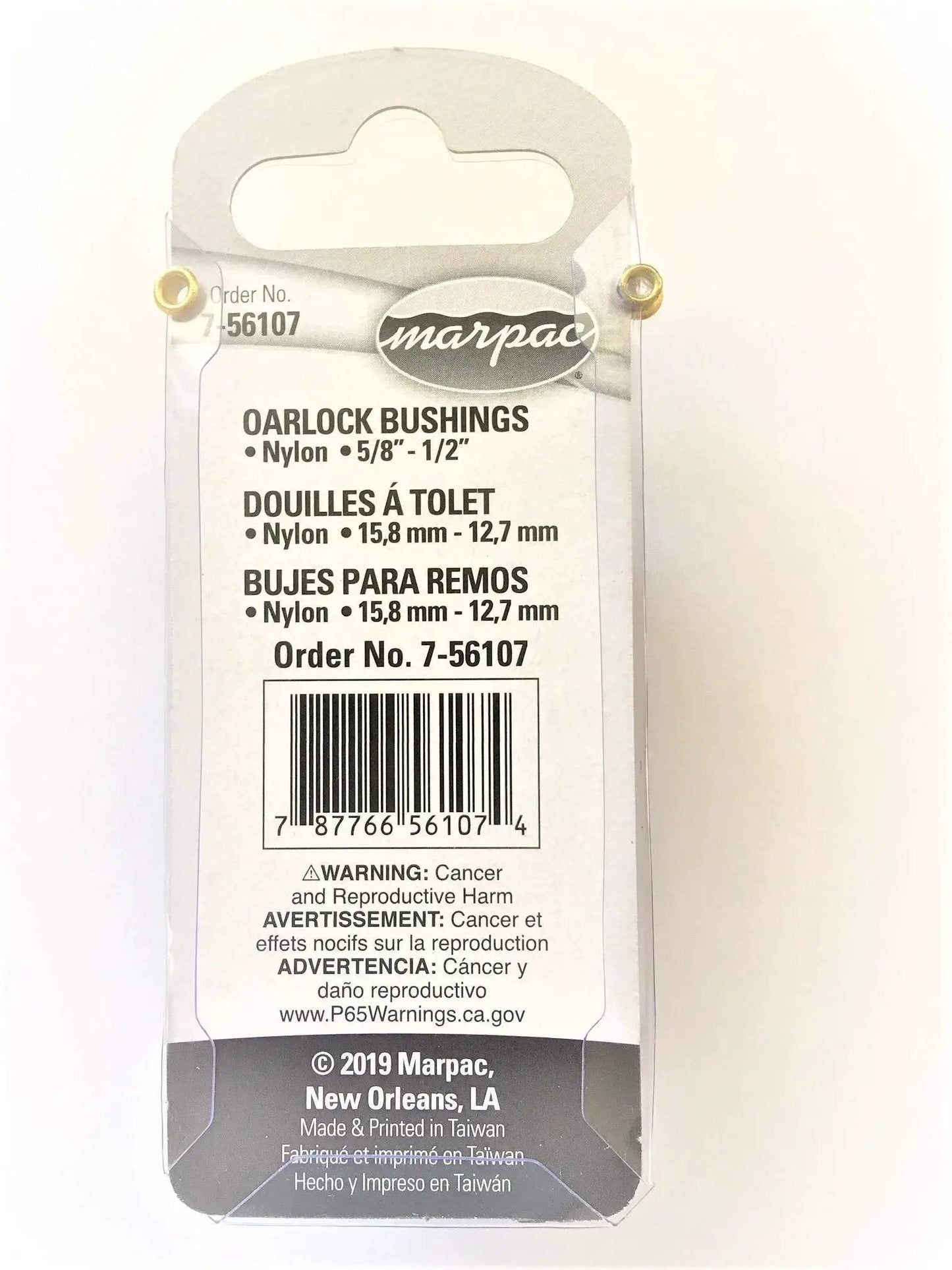 Package of Oarlock Bushings For Boats 5/8 To 1/2 Inch Nylon Black 7-56107 Replacement Part with specifications and barcode