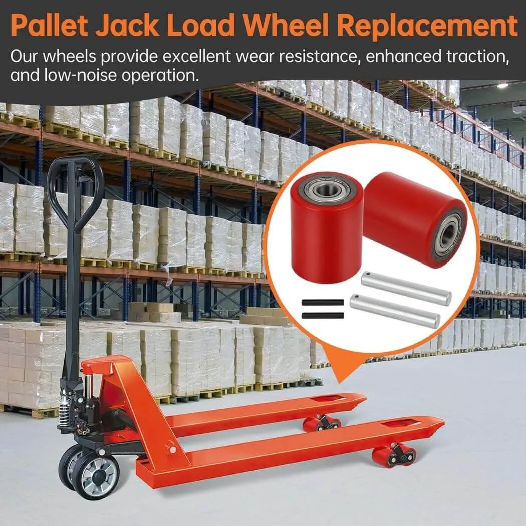1 Pair Pallet Jack Load Wheels 3 x 3.75 inch with 20mm bearings, rear load wheel replacement set displayed with axles and pins