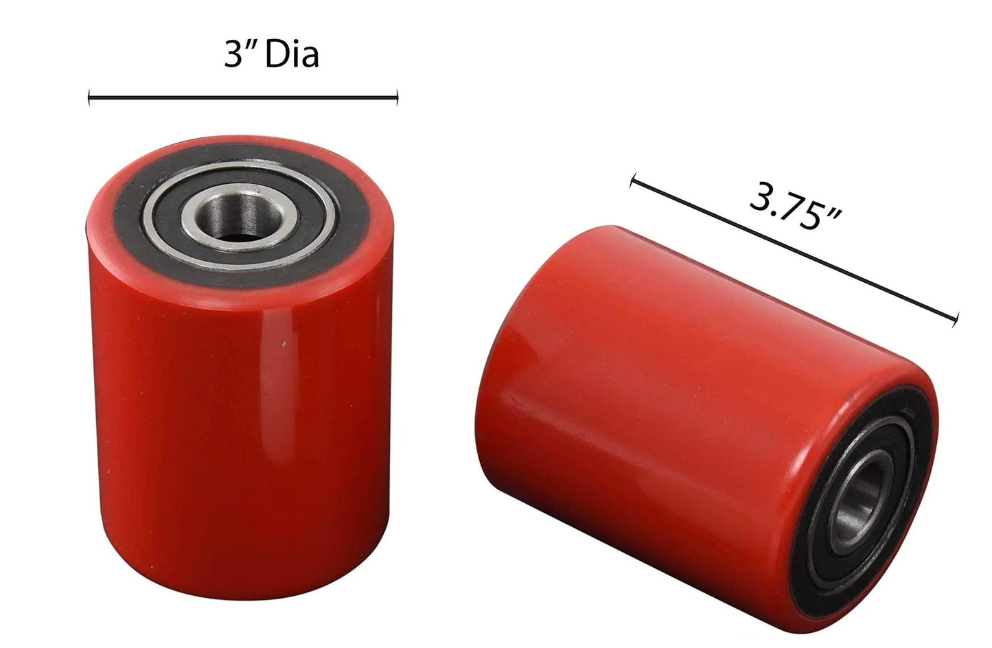 Pallet jack load wheels set 3 x 3.75 inch red polyurethane on steel, includes entry exit rollers and 20mm ID bearings, heavy duty