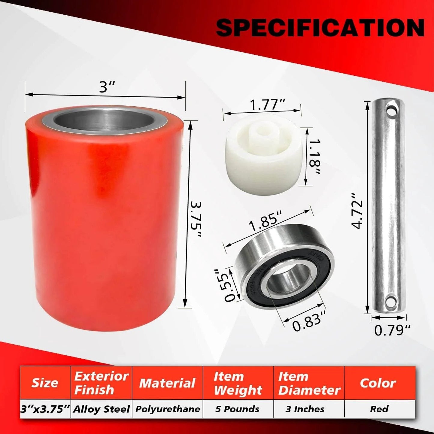Pallet jack load wheels full set 3 x 3.75 inch with axles and entry exit rollers, red polyurethane load wheels kit specification chart