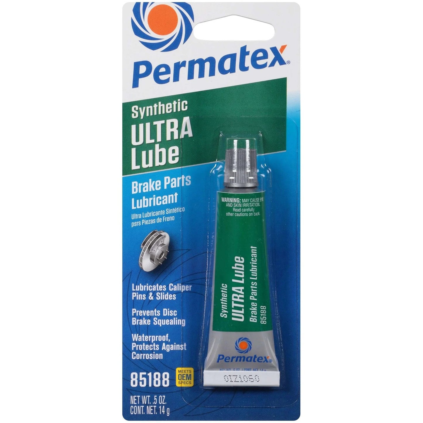 Permatex 85188 Ultra Disc Brake Caliper Lube, 0.5 oz, in retail packaging, showing green synthetic lube tube for brake parts lubrication.