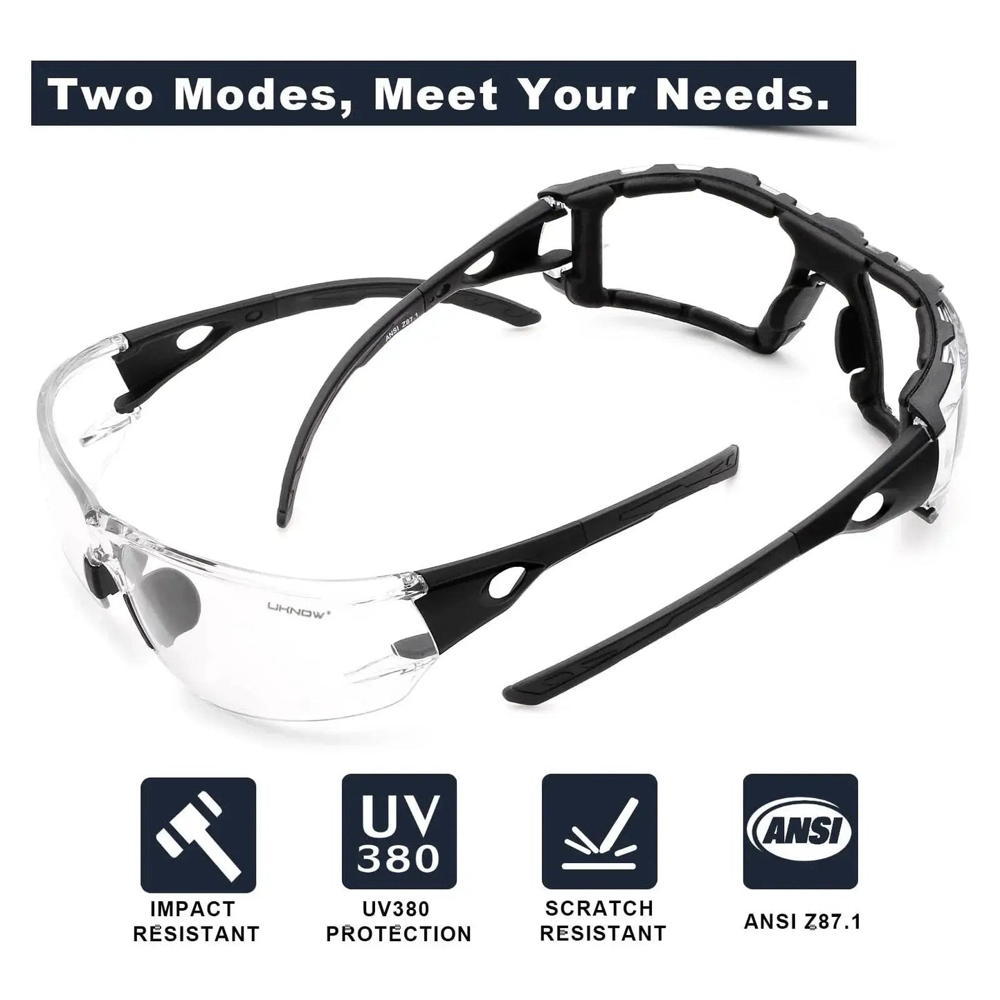 Photochromic Safety Glasses With Wraparound Lenses And Removable Foam Gasket shown in front view, impact resistant.