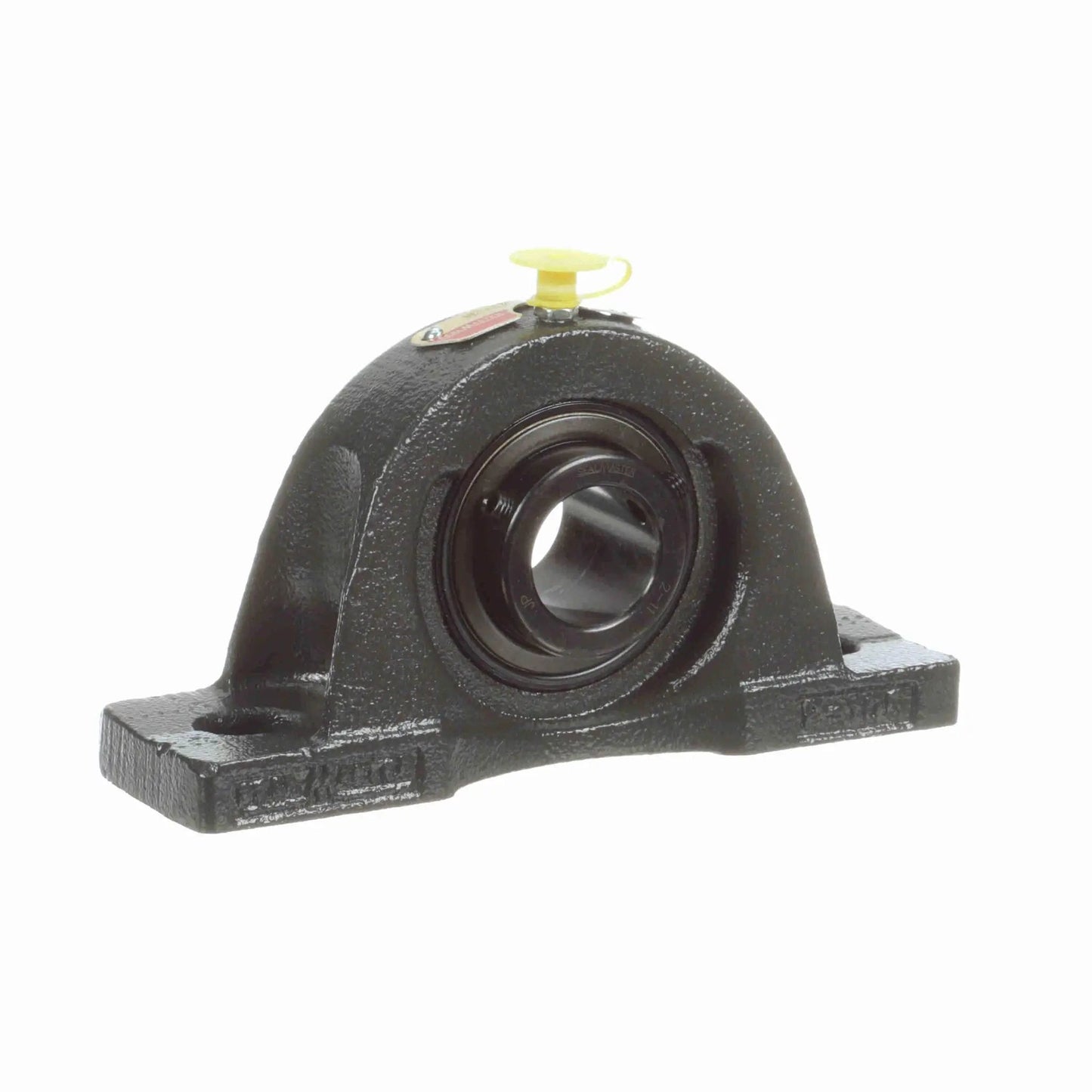 Front view of Two Bolt Pillow Block Mounted Cast Iron Bearing NP 17 With Setscrew Lock Black Oxide Finish For Medium Duty Industrial Machinery Sealmaster Brand Ideal For Mounting On Rails Or Base To Support Conveyors And Machinery