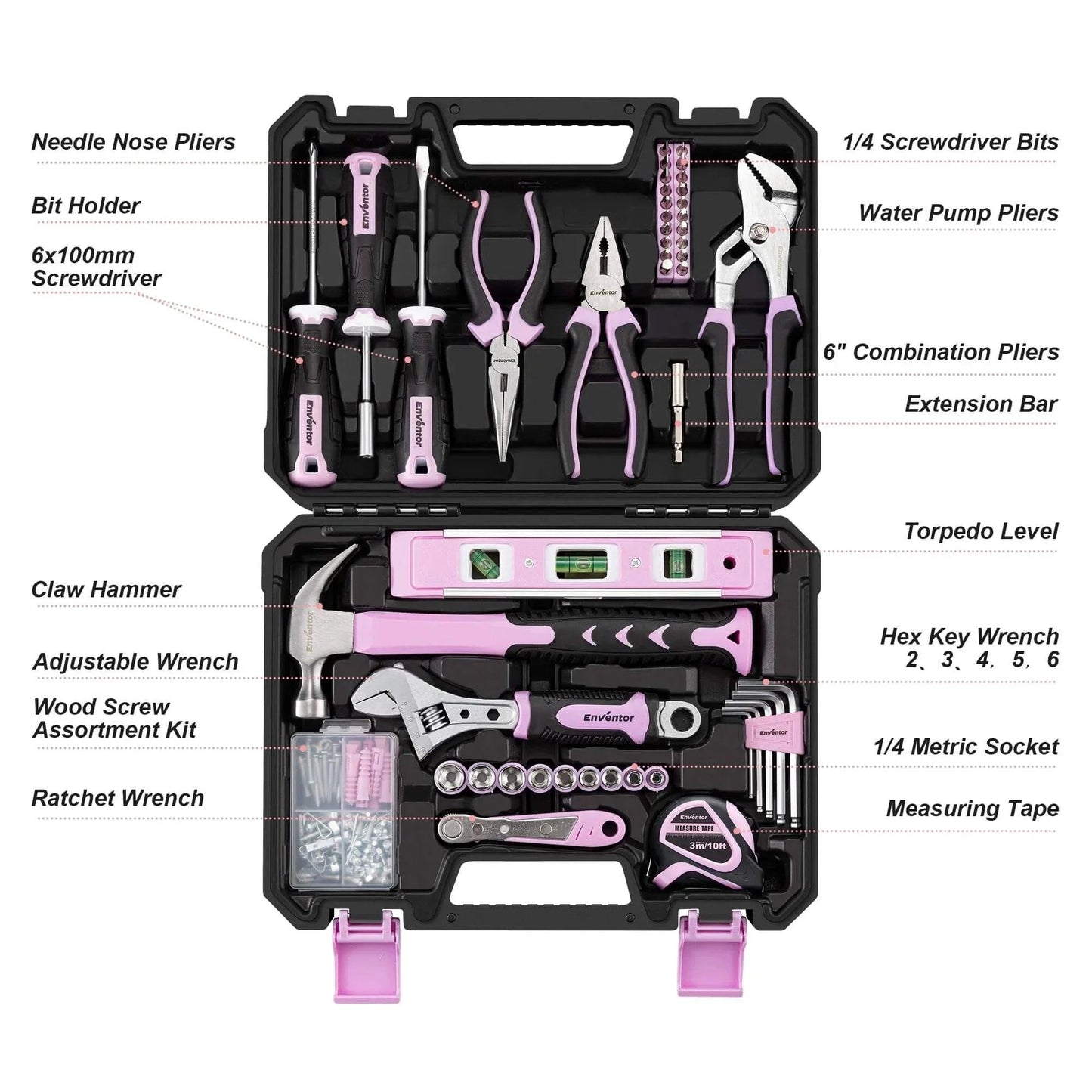 Pink Tool Kit for Women 146 Piece General Household Hand Tools Storage Toolbox for Home DIY Projects contents labeled.