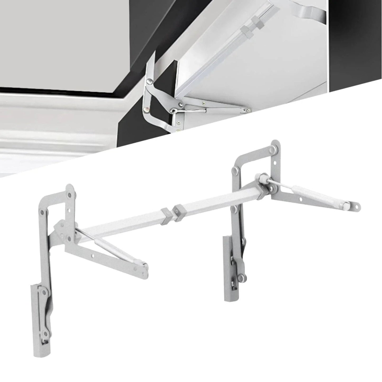 Silver cabinet door hinges with folding lift up top vertical swing mechanism and pneumatic arm for kitchen cabinets.