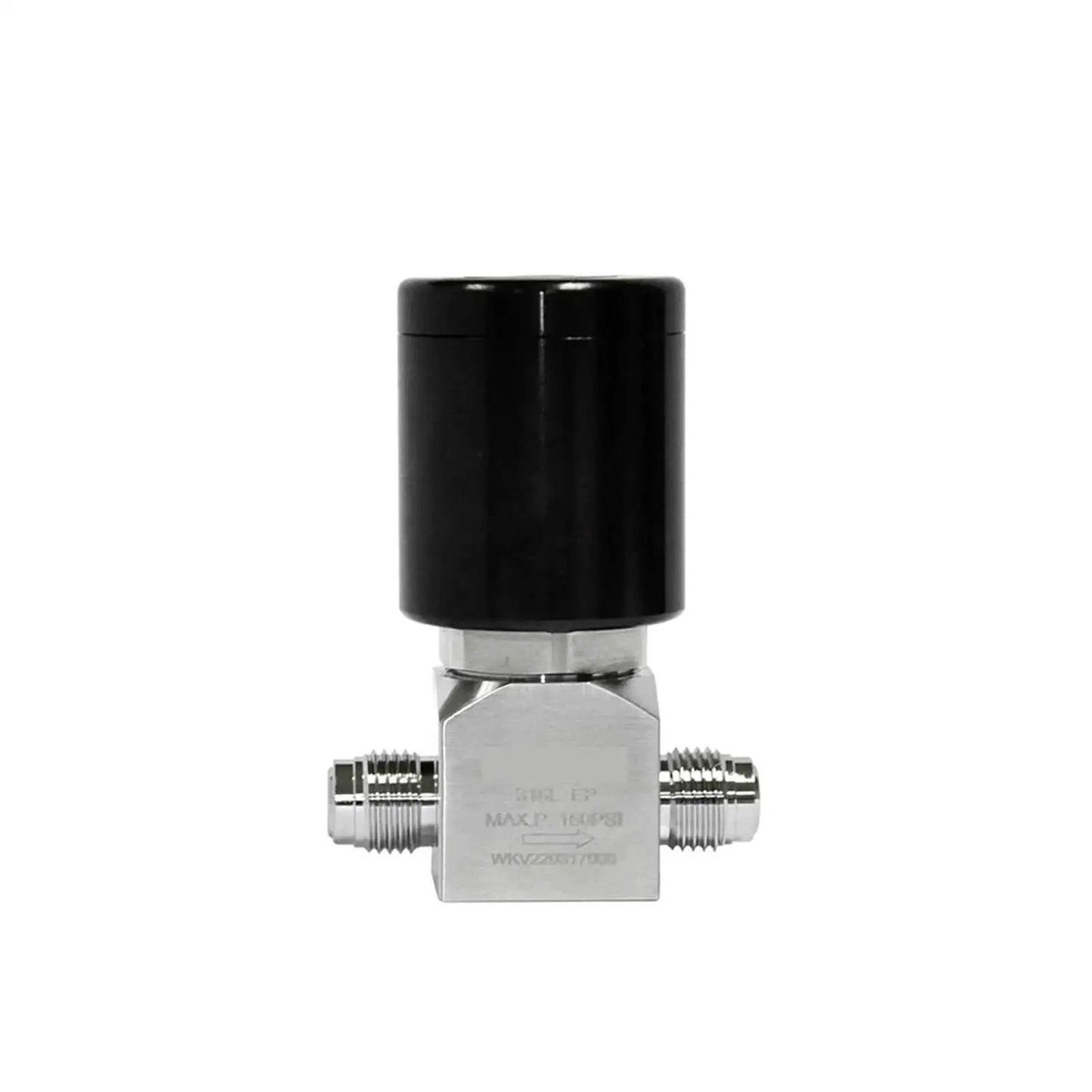 One Quarter To One Half Inch Pneumatic Diaphragm Valve 150 PSI ABS Plastic Body Nitrile Seal front view for fluid and air lines.
