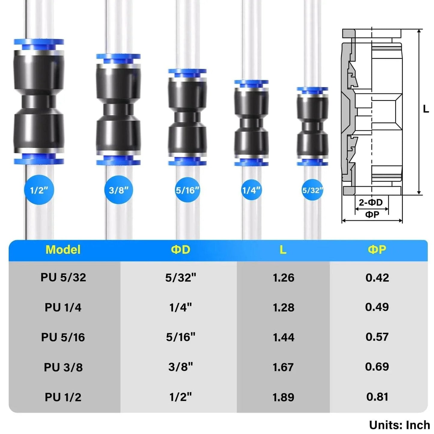30 Pcs Pneumatic Straight Push Connectors Set showing various sizes and dimensions for quarter inch to three eighth inch tubing.