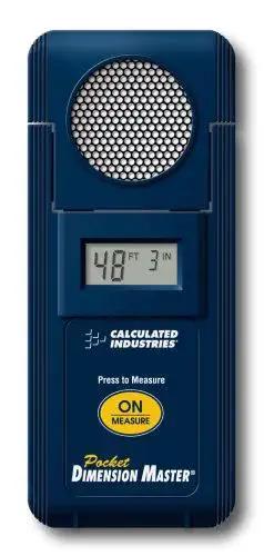 Front view of a pocket ultrasonic distance measurer with clear digital readout displaying 48 ft 3 in, compact design for portability.