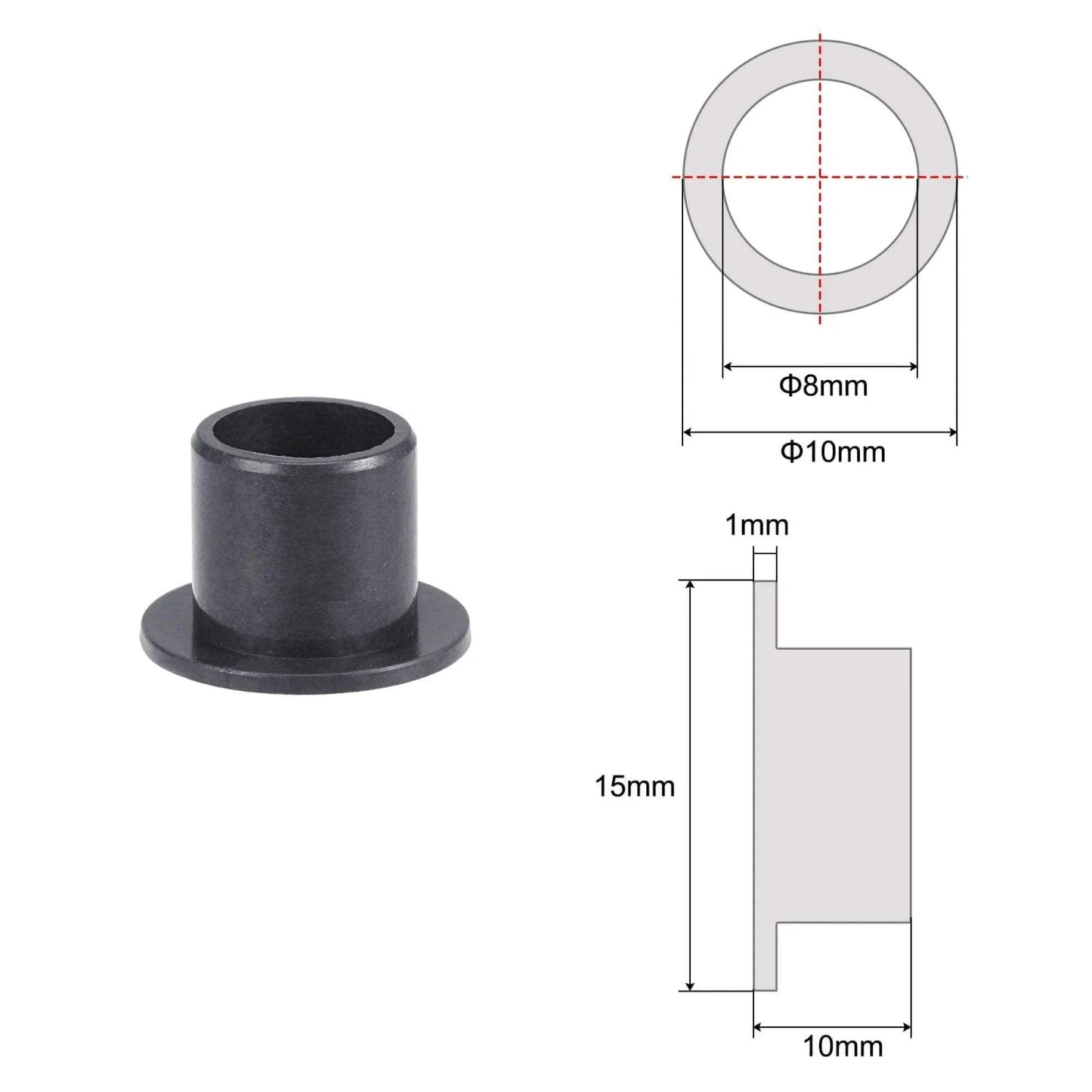 Flanged Sleeve Bearing Set With 8mm Bore 10mm Outer Diameter And 10mm Length POM Self Lubricating Oil Free Bushings In Black Pack Of 4