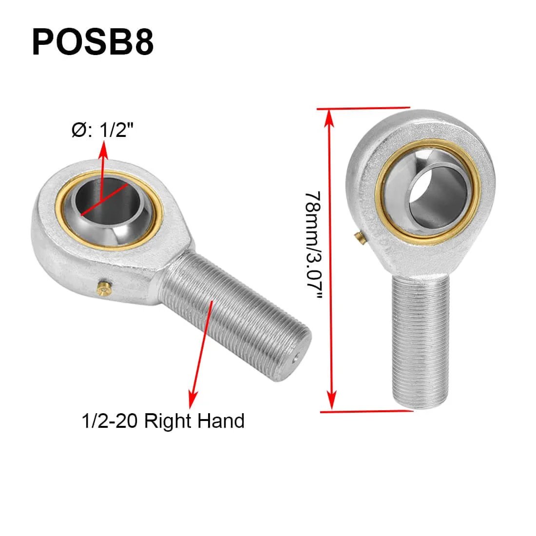 POSB8 Rod End Bearing with 1/2 Inch Bore and 1/2-20 Right Hand Thread, self-lubricating male Heim joint rod ends