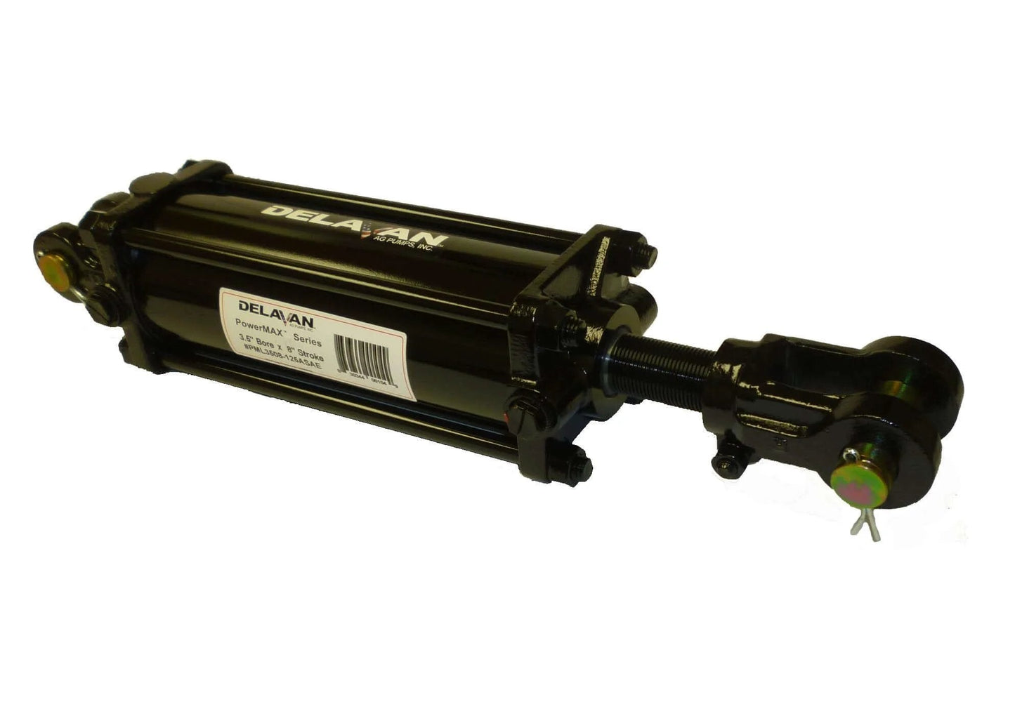 PML3508-125ASAE PowerMAX 3.5" x 8" Hydraulic Tie-Rod Cylinder ASAE Certified in black, showing side view with fittings visible
