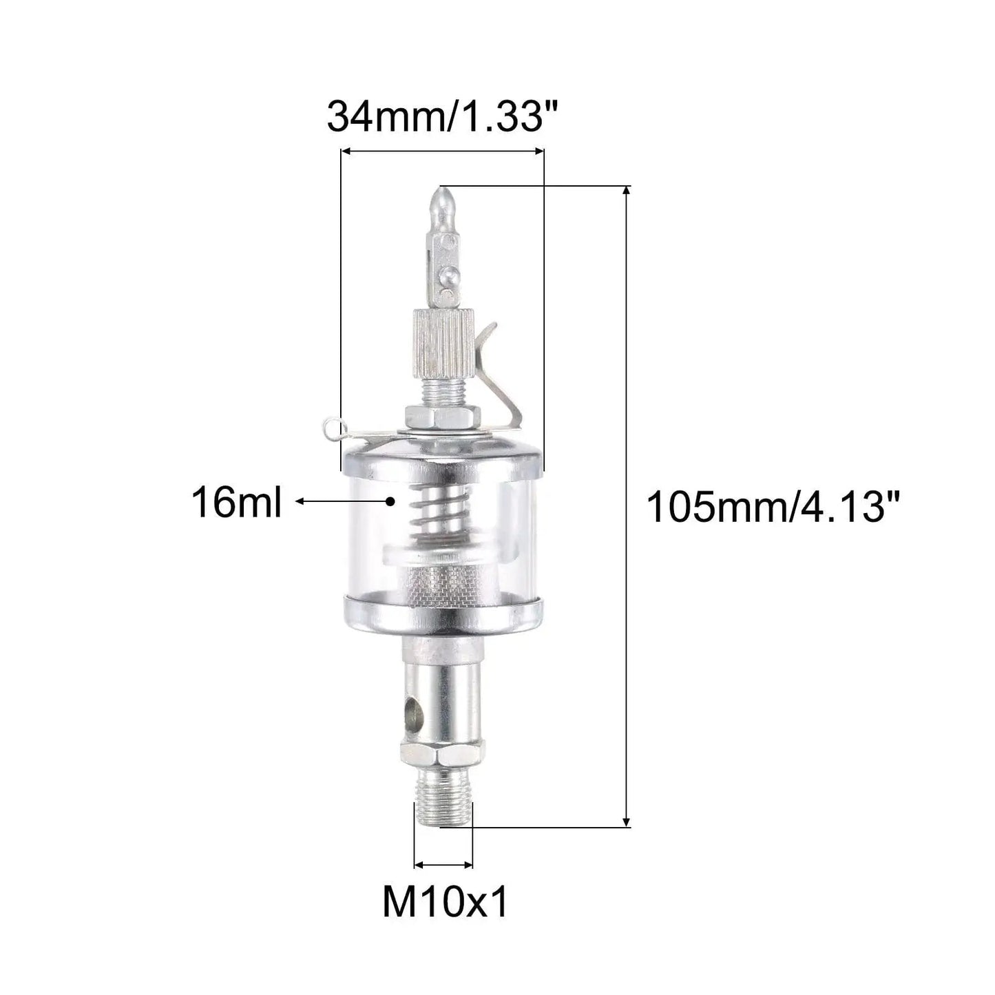 Industrial Oil Cup With Needle Valve Gravity Drip Feed Oiler, 16ml capacity, M10x1 thread, chrome-plated steel, see-through window.