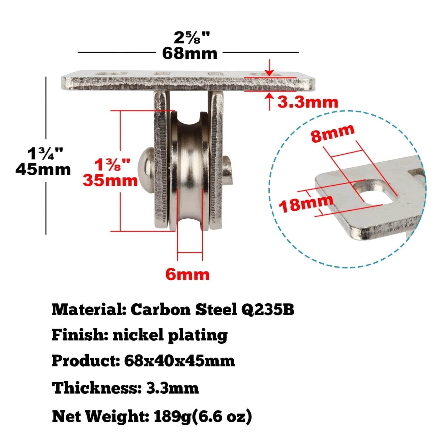Side view of 4 Pcs 1-3/8" Pulley Block, Single Bearing Silent for 3/16" Cord, Max Load 330 lb, dimensions and carbon steel material visible