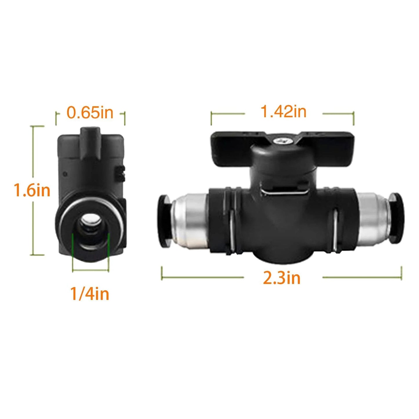 Quarter Inch Push Connect Pneumatic Ball Valve Three Pack For Air Compressors And Tubing dimensions showing size and structure.