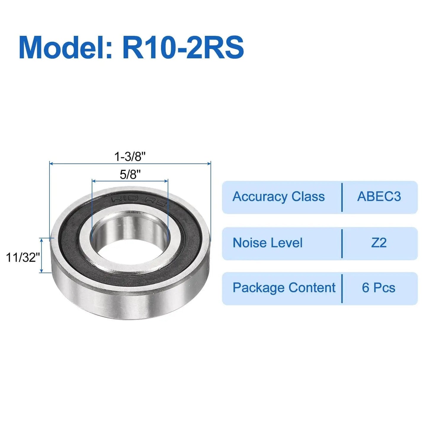 Six Pieces R10 2RS Deep Groove Ball Bearings Inner Diameter Five Eighth Inch Outer Diameter One And Three Eighths Inch Chrome Steel