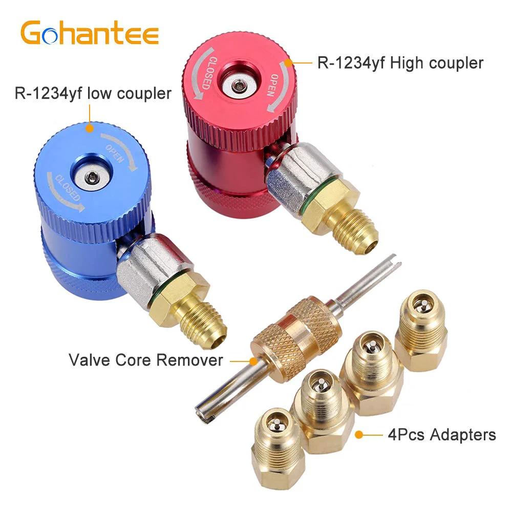 R1234yf Quick Coupler Adapters For High And Low Side Manual Disconnects, One Quarter Inch Fittings, Refrigerant Manifold Gauge Set Compatibility, showing blue low coupler, red high coupler, and adapters.