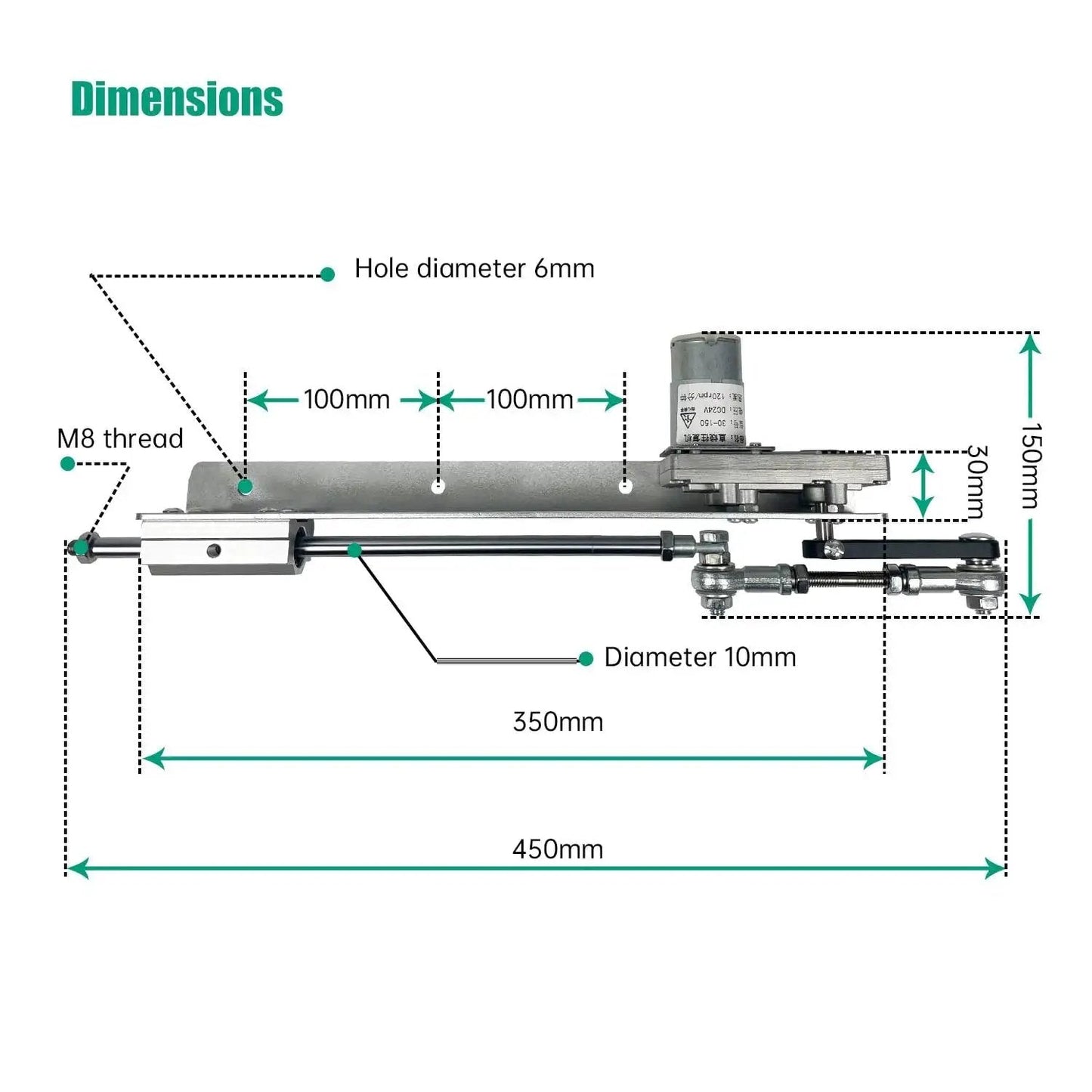 Diagram showing dimensions of Reciprocating Linear Actuator With Adjustable Telescopic Rocker Arm Heavy Duty Gear Motor DC 24V