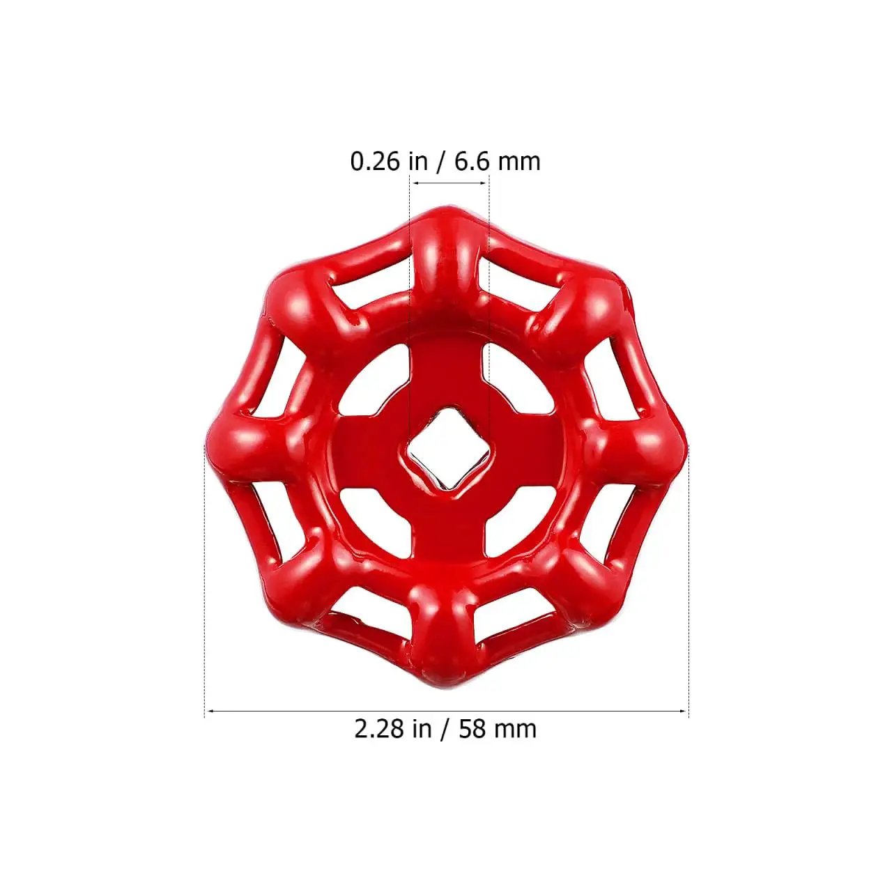 Red cast iron round wheel handle with square broach for outdoor faucet, shown with dimensions. Ideal for hose bibb valves replacement.