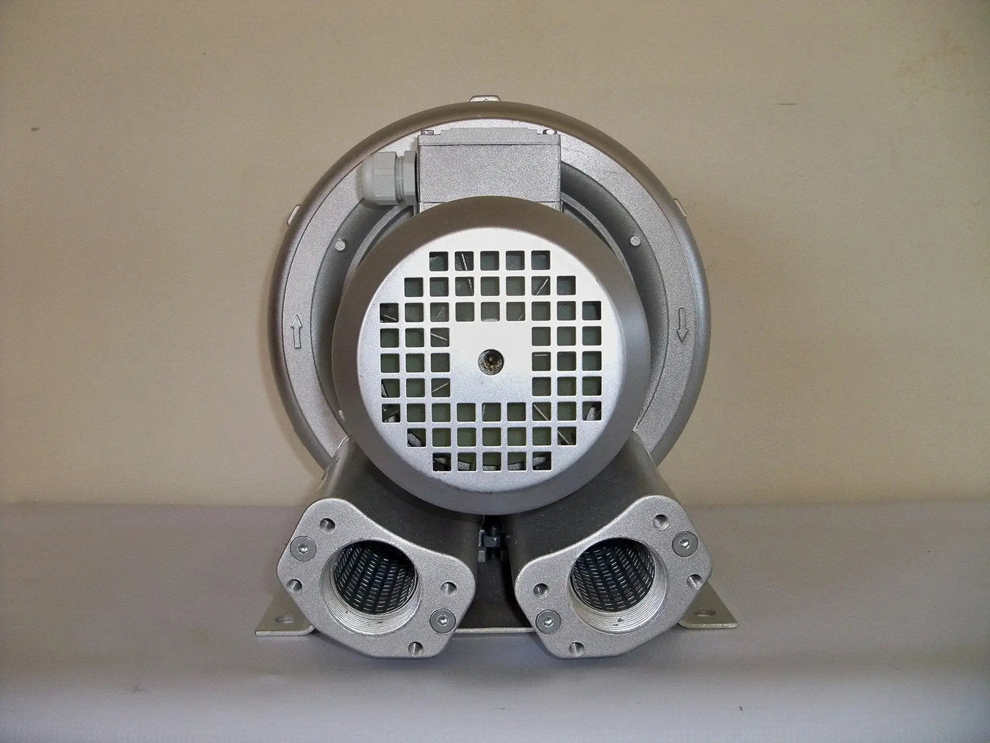 Front view of High Power Regenerative Blower 1.1 HP 220 To 480V Three Phase 103 CFM Airflow 52 InH2O 64 dB Compact Design for industrial use.