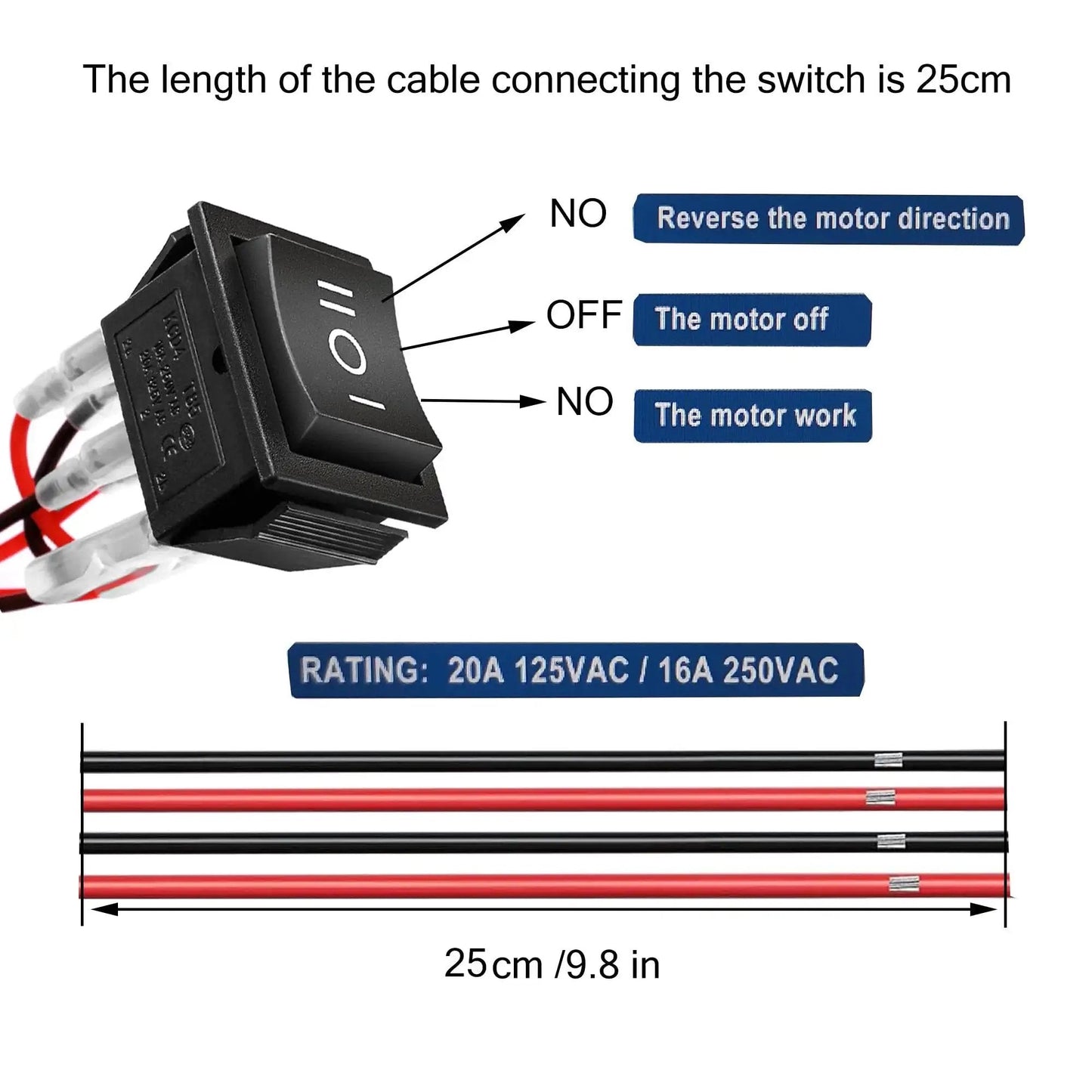 Remote lever switch with wiring for Compact 12V 4 Inch Linear Actuator AWINLI, 25cm cable length, power ratings shown.