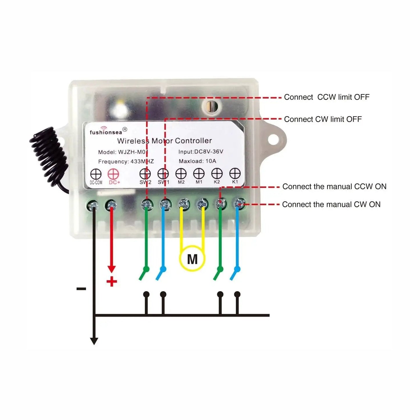 Wireless RF Remote Control Switch For DC Motors 12V 24V 36V with wiring diagram and label details for installation