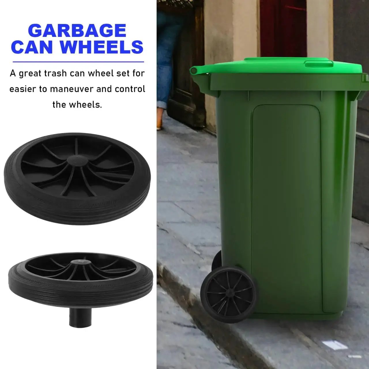 Trash Can Wheels Replacement Set 7 Inch Rubber Casters For Garbage Bins And Outdoor Waste Containers next to green bin